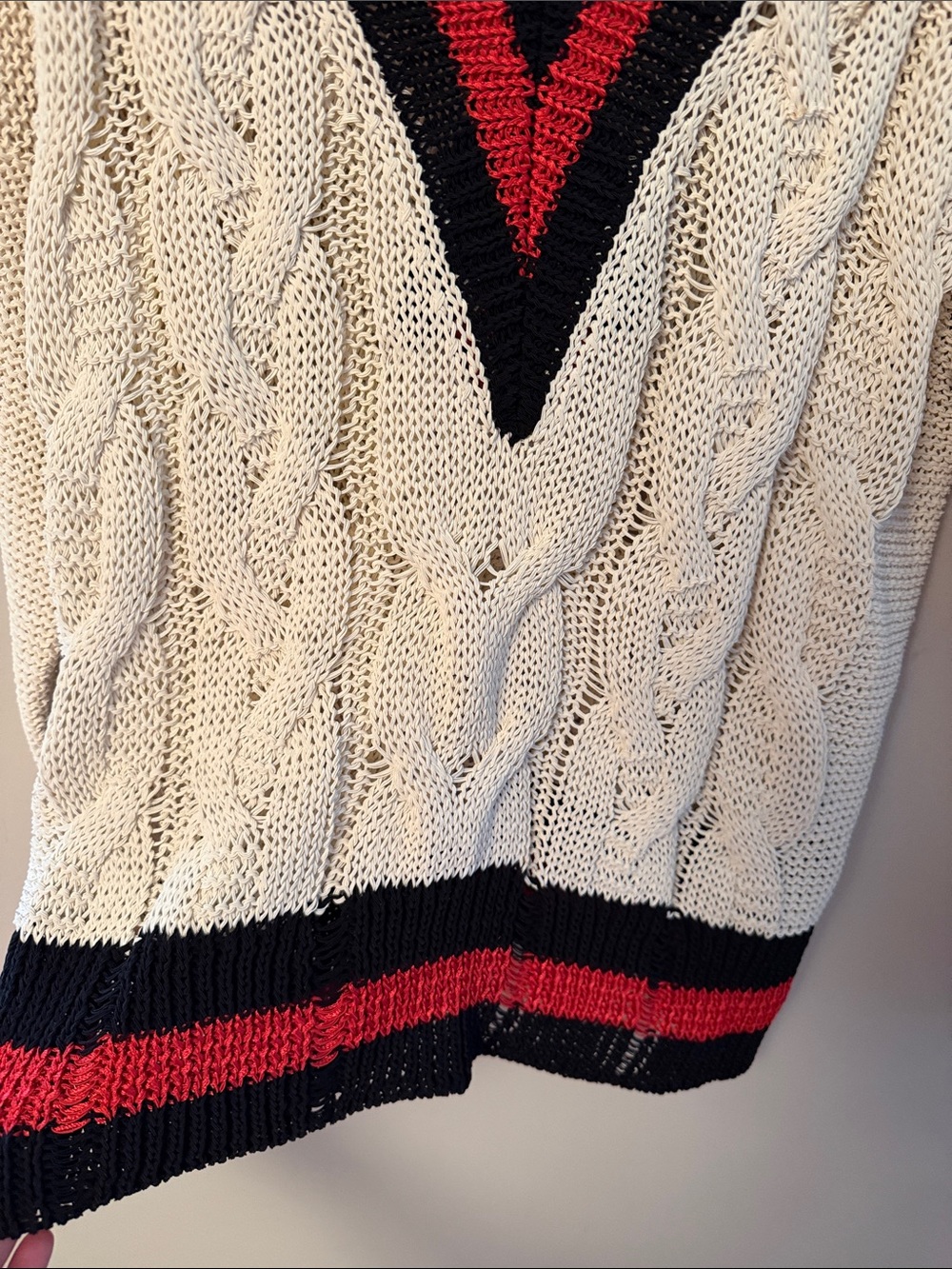 Rag & Bone Cable Knit V-Neck Sweater with Red & Black Trim - Picture 3 of 5
